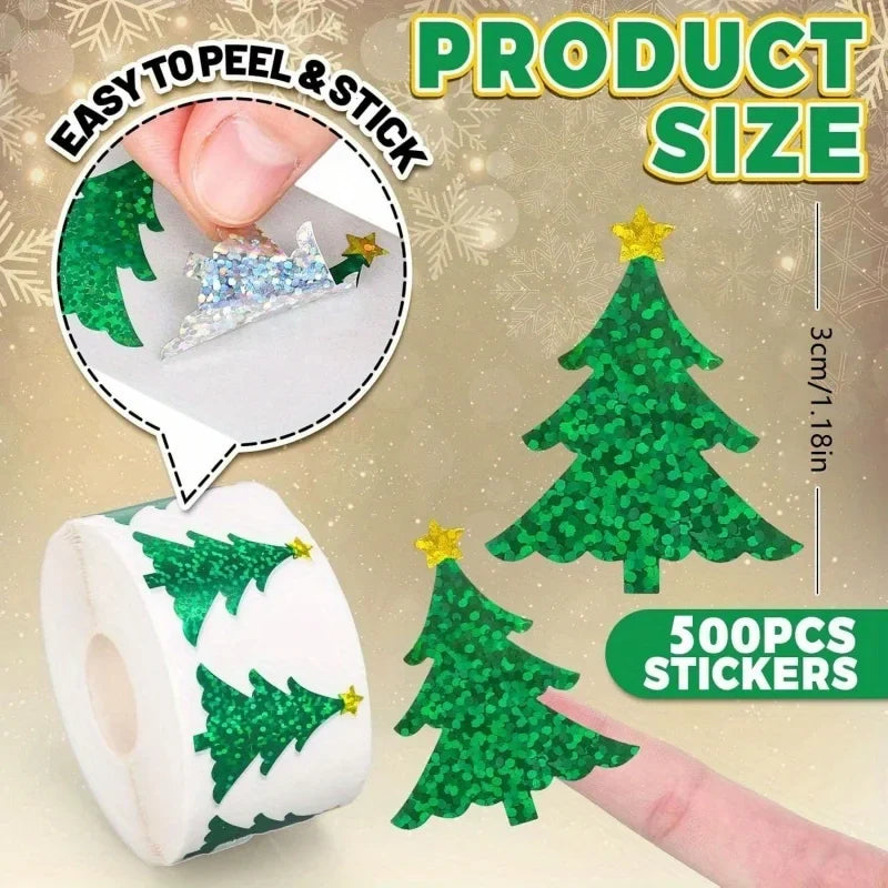 1000 Sheets 2 Rolls Mixed Christmas Sticker Roll Laser Green Tree Red