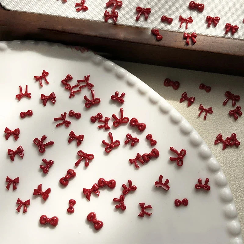 100pcs 3D Red Bow Nail Charms | Kawaii Resin Nail Art Decor