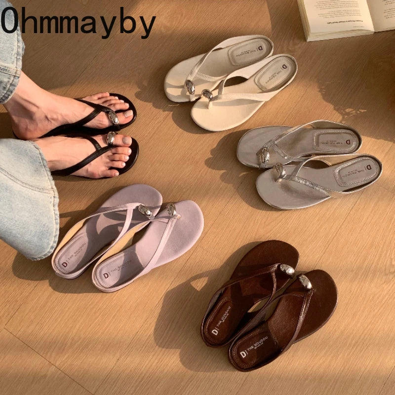 Women's Metal Clip Toe Slide Slippers | Square Heel Flip Flops