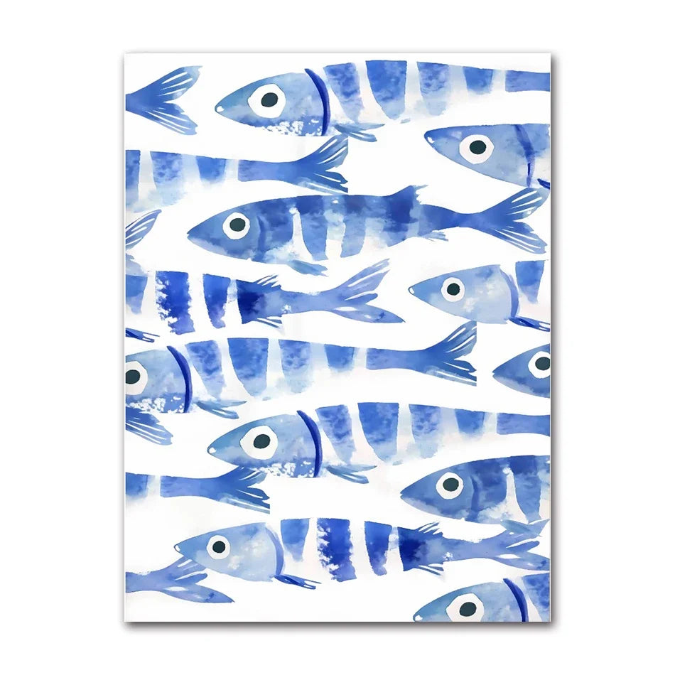 Blue Sardines Fish Canvas Print Set | Japanese Cute Wall Art