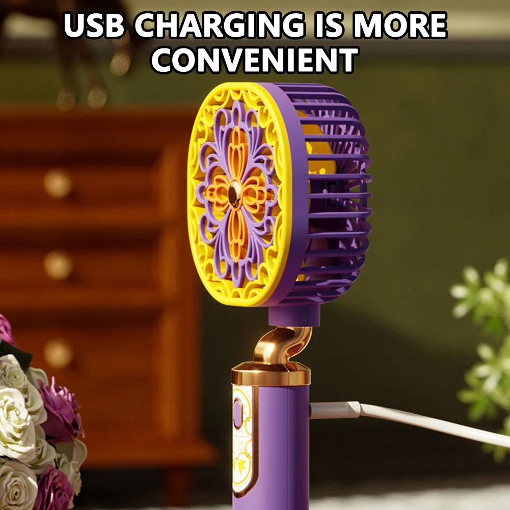 Vintage Floral Handheld Mini Fan – USB Rechargeable, 3 Speeds