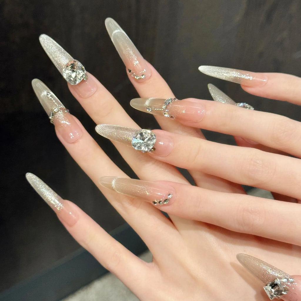 Press On Nails Glitter Gold Cat Eye Long Oval | 10pc Set