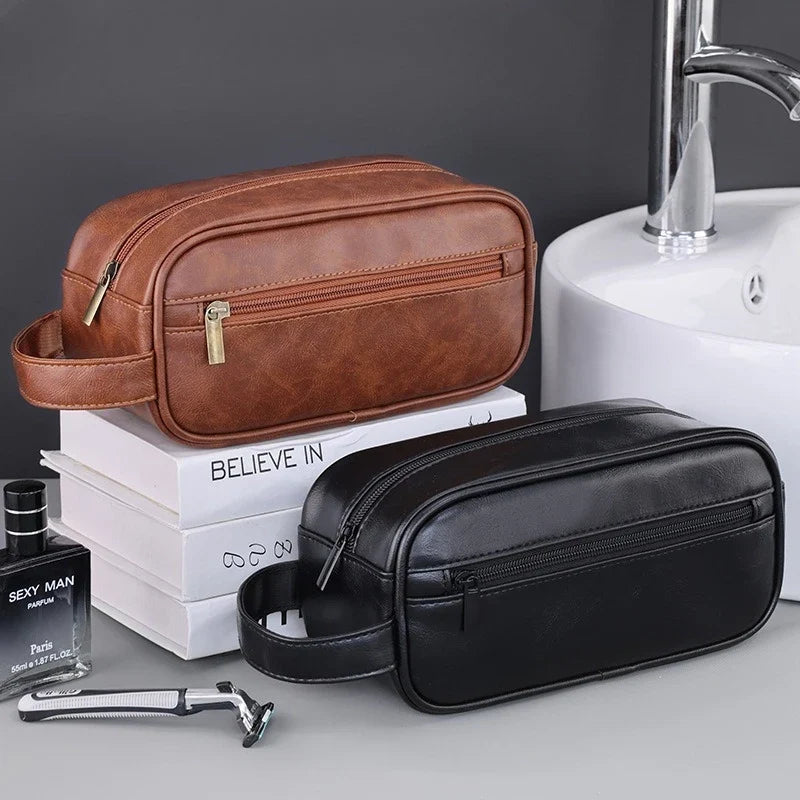 Large Capacity Men Leather Travel Wash Bag Business Trips Portable