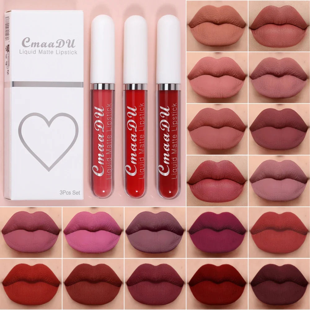 Cmaadu 3-Piece Matte Lipstick Set – Waterproof Long-Lasting