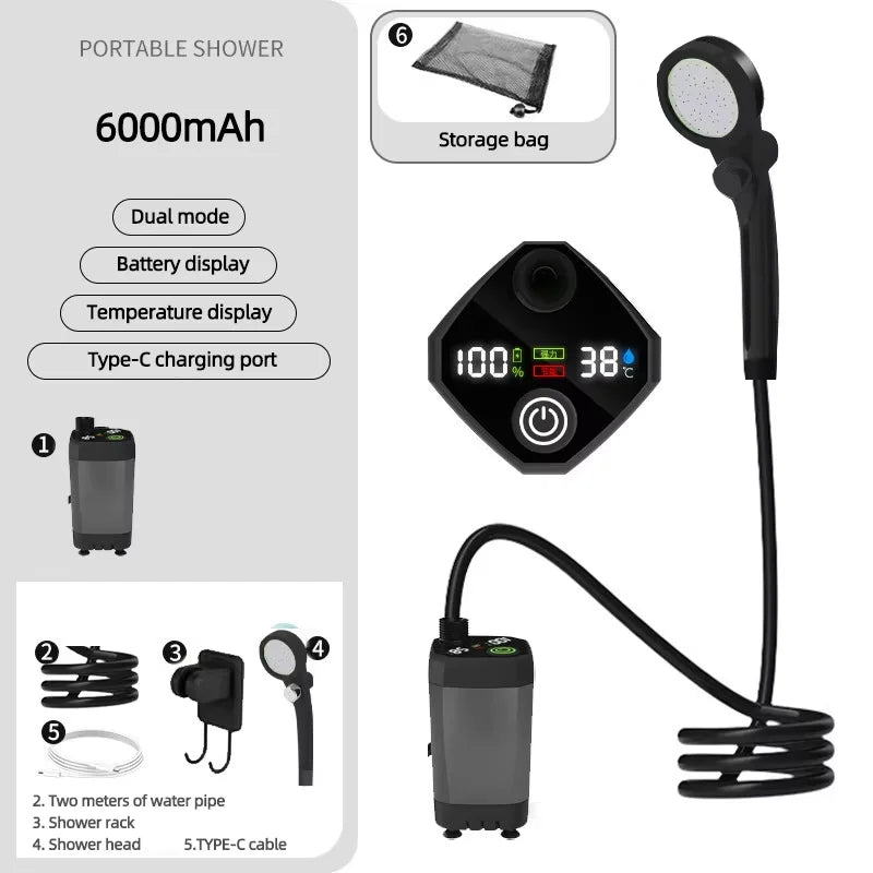 Portable Camping Shower 6000mAh Electric Pump & LED Display