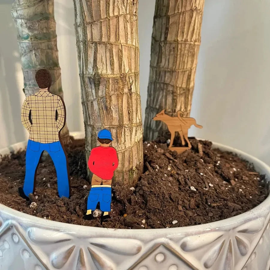 Fun Potted Wood Mini Card Father Son Dog Garden Home Flower Pot