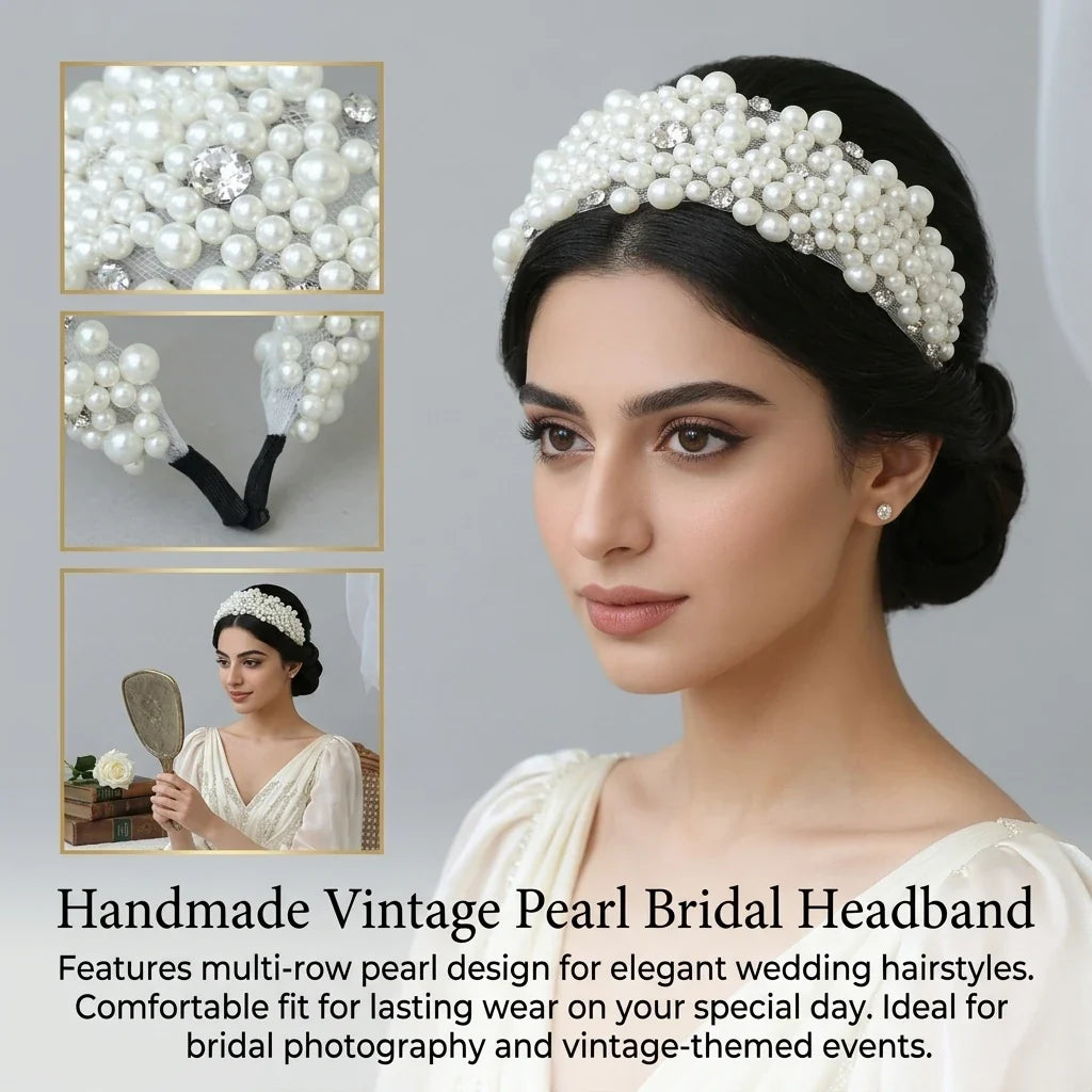 Vintage Pearl Bridal Headband | Handmade Multi-Row Wedding Hair