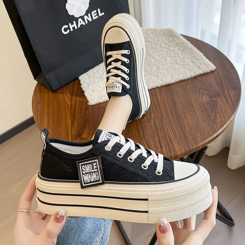 Women's Black Platform Canvas Sneakers – Lace-Up Fashion