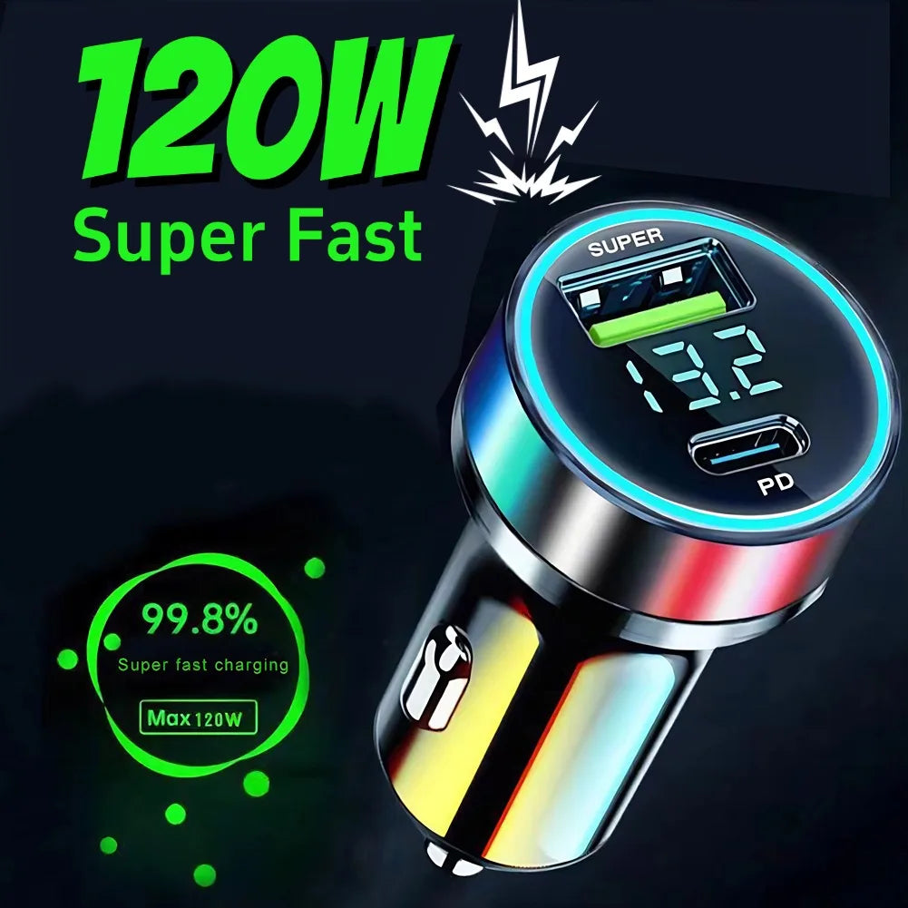 120W PD 20W USB-C Car Charger Fast Charging Dual Port Adapter