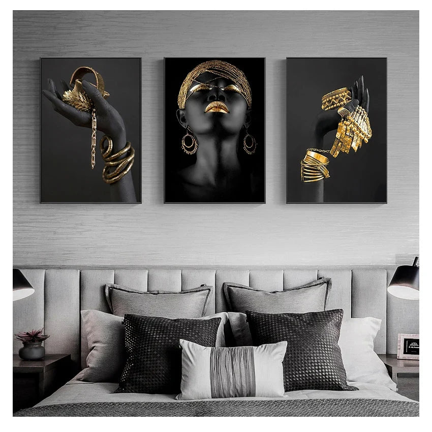 African Black Woman Canvas Wall Art | Gold Jewelry Poster Print