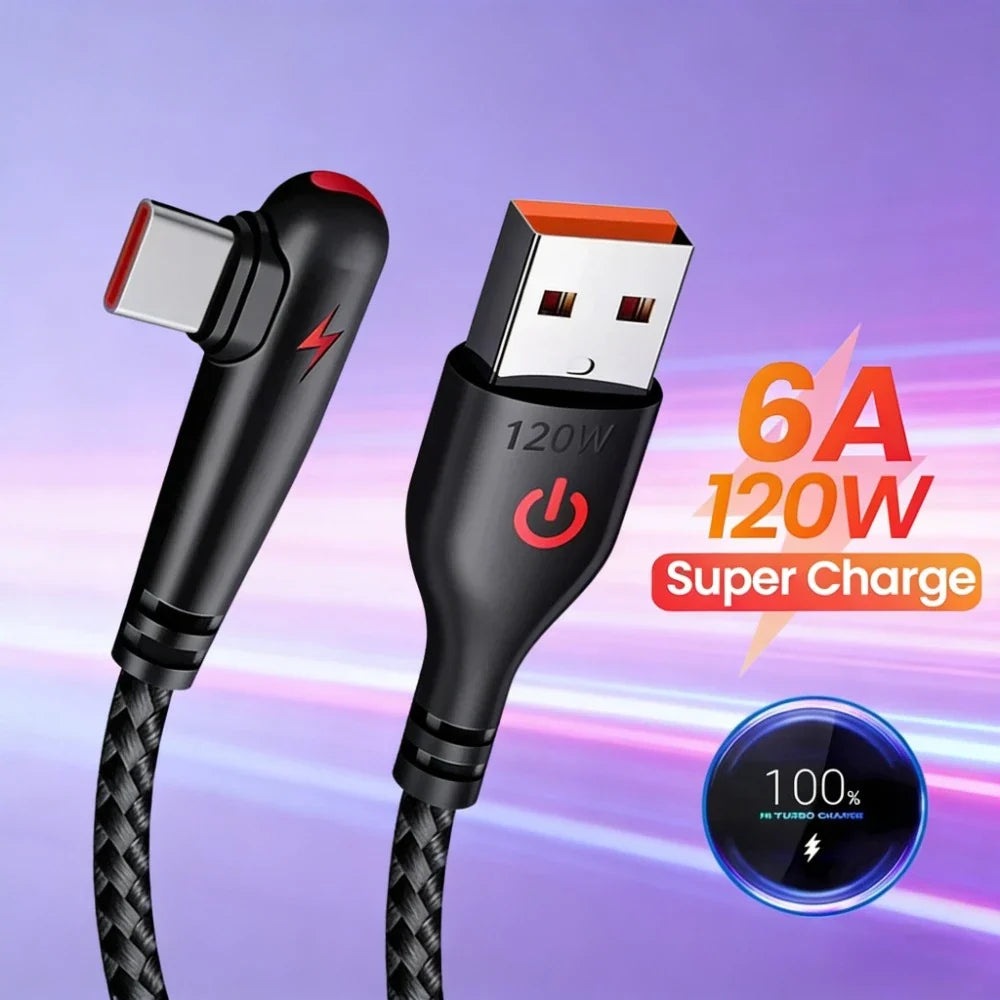 120W USB-C 90° Elbow Fast Charging Cable 6A | Samsung Xiaomi