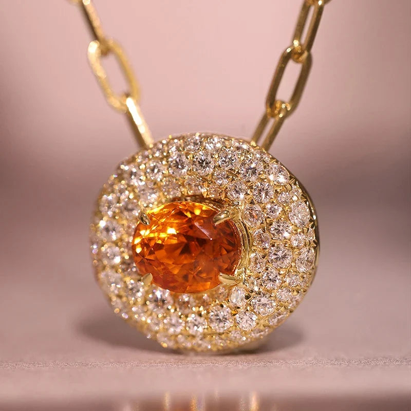 Huitan Orange Red CZ Oval Pendant Necklace | Paperclip Chain