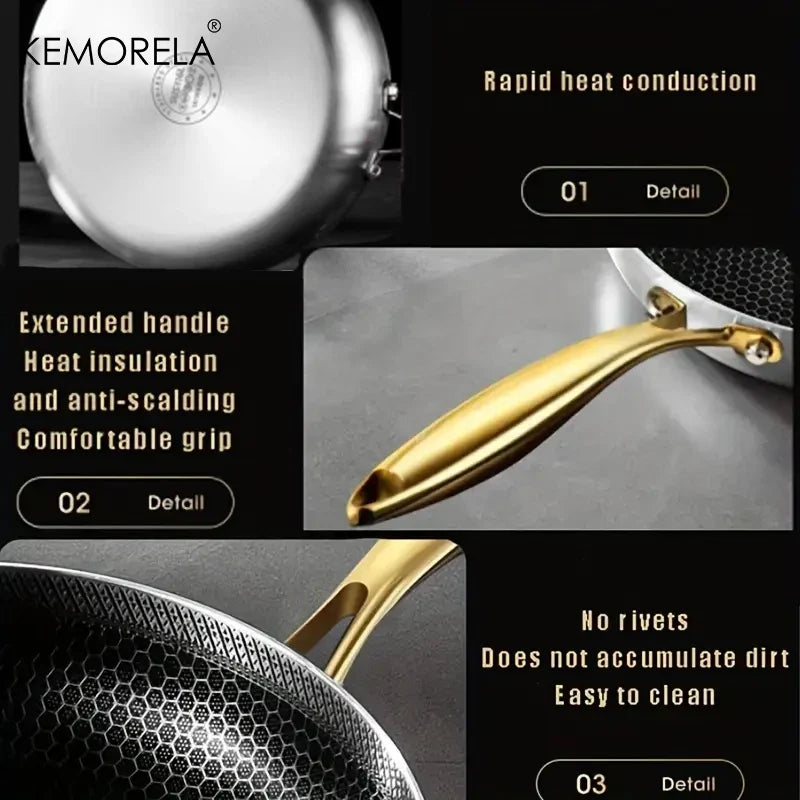 KEMORELA 316 Stainless Steel Non-Stick Honeycomb Skillet Wok