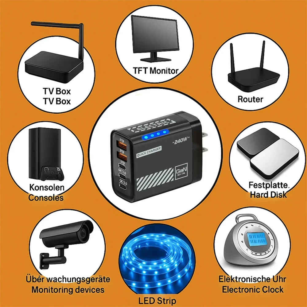 240W GaN 5-Port Fast Charger USB-C PD Desktop Adapter