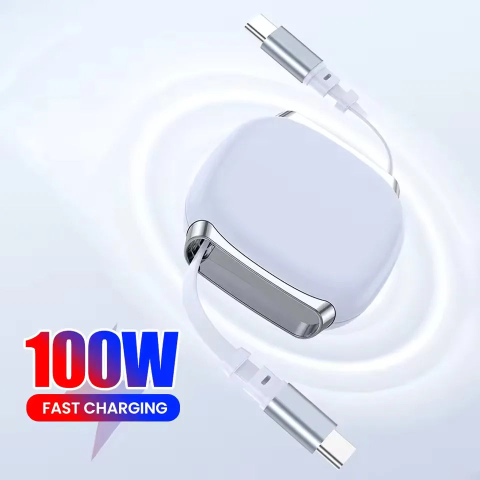 100W Retractable USB-C to USB-C Fast Charging Cable – 1M