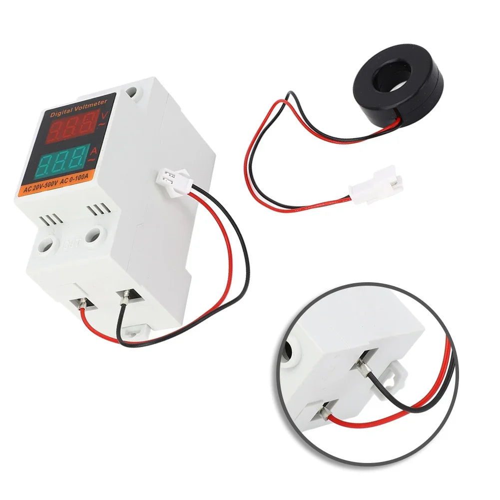 DIN Rail AC Ammeter & Voltmeter – Digital LED 20-500V 0-100A