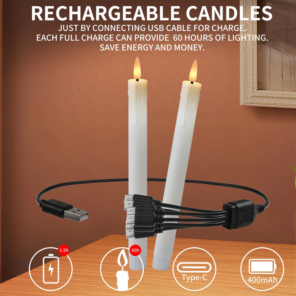 12 LED Rechargeable Flameless Taper Candle Battery Operated Remote