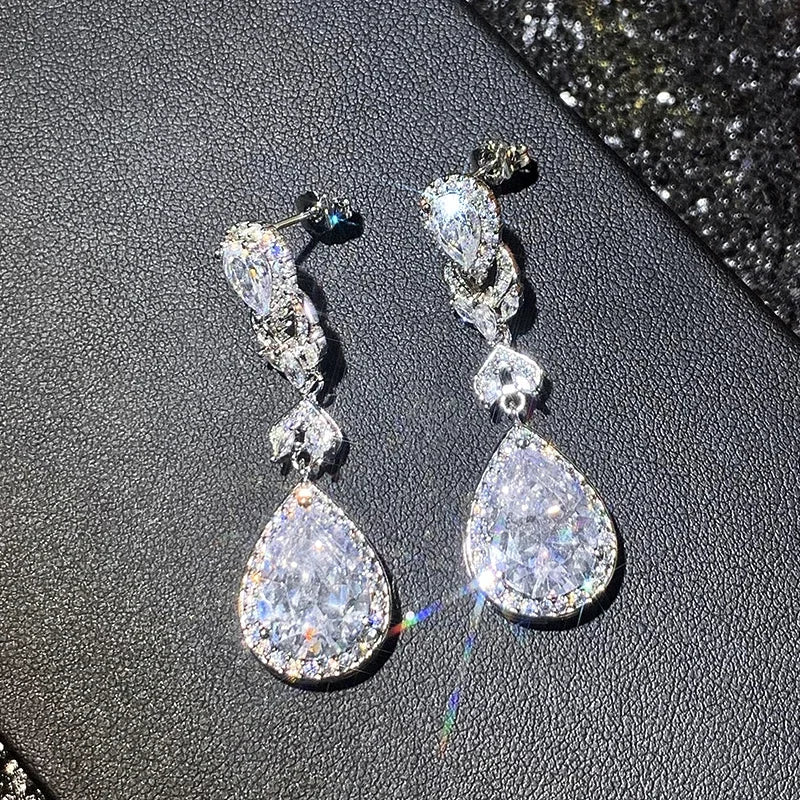 Huitan CZ Drop Earrings – Silver Elegant Wedding Jewelry