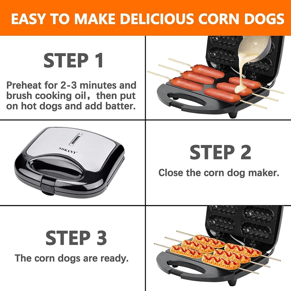 URGGU 6-Corn Dog Maker – Non-Stick Electric Hot Dog Waffle Machine