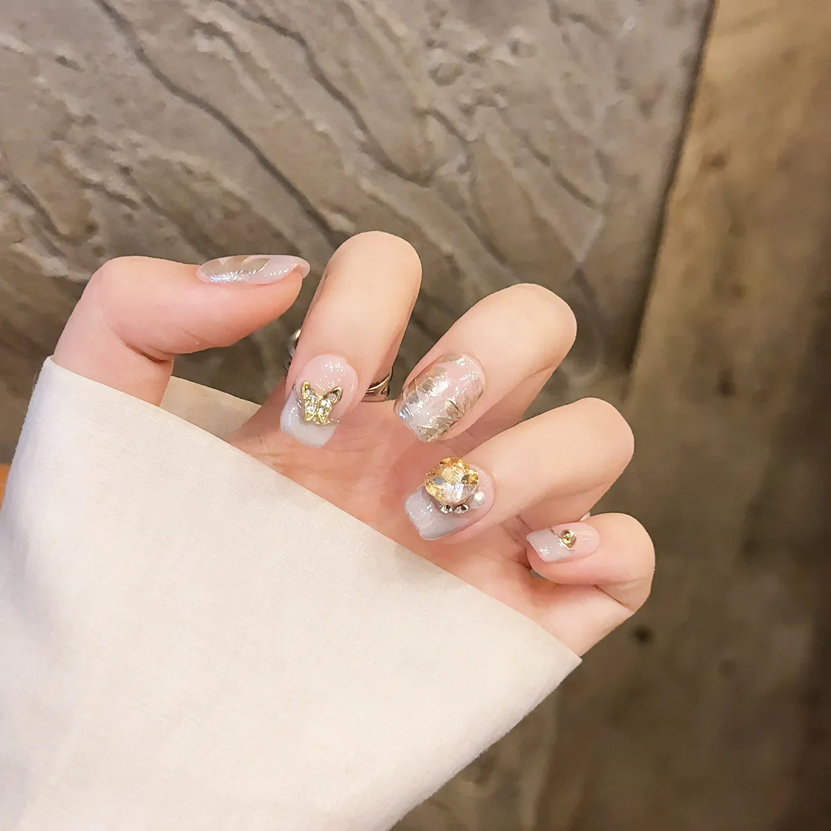 Handmade Press-On Nails Short Pink French Flowers | 10pcs Set