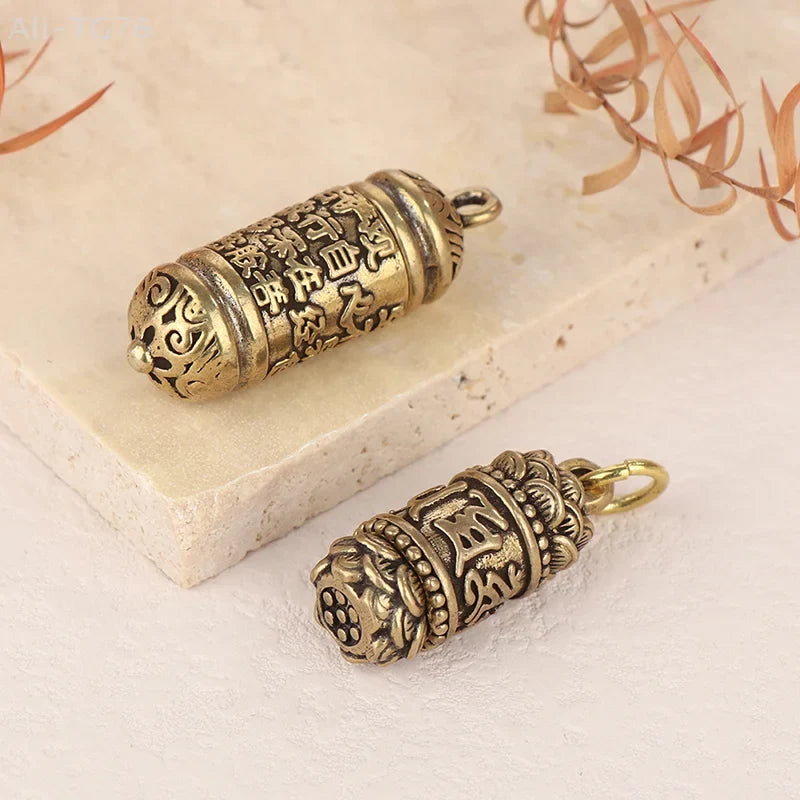 Handmade Hollow Brass Buddha Sutra Cylinder Keychain Pendant