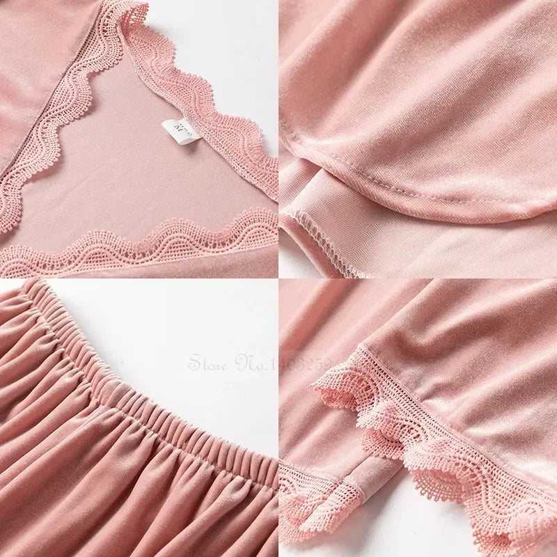 Women's Velvet Pajama Set – Long Sleeve Lace Trim Sleepwear