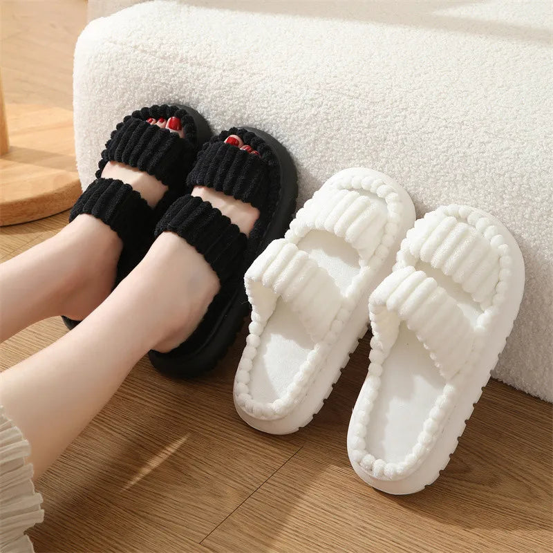 Women's Corduroy Plush Platform Slippers | Warm Furry Indoor Slides