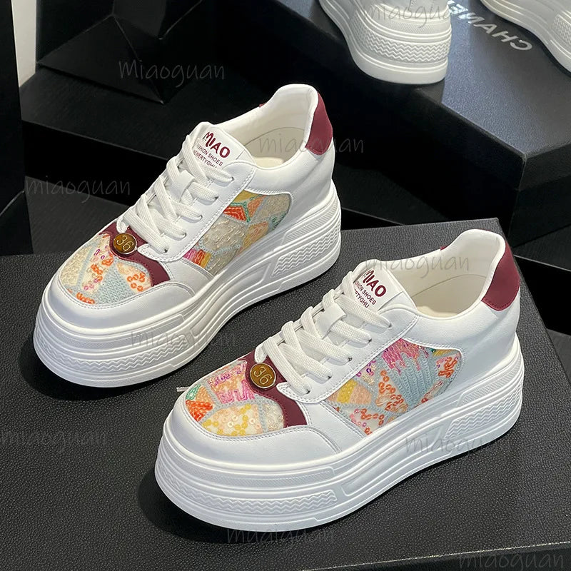 Women's Crystal Chunky Platform Sneakers – Thick Sole Lace-Up