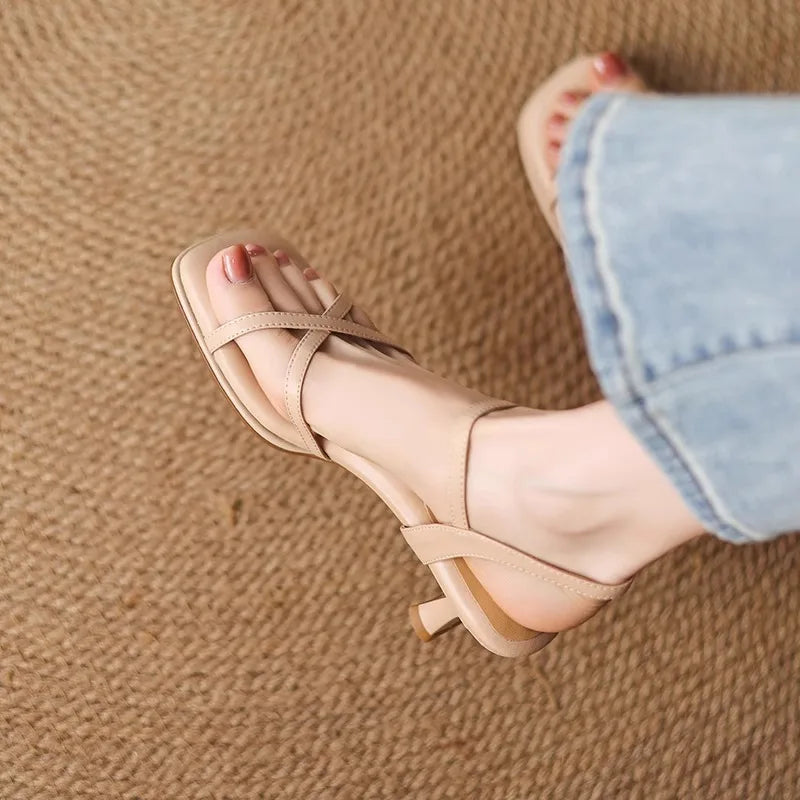 Women's Square Toe Buckle Sandals | Mid Heel Summer Shoes
