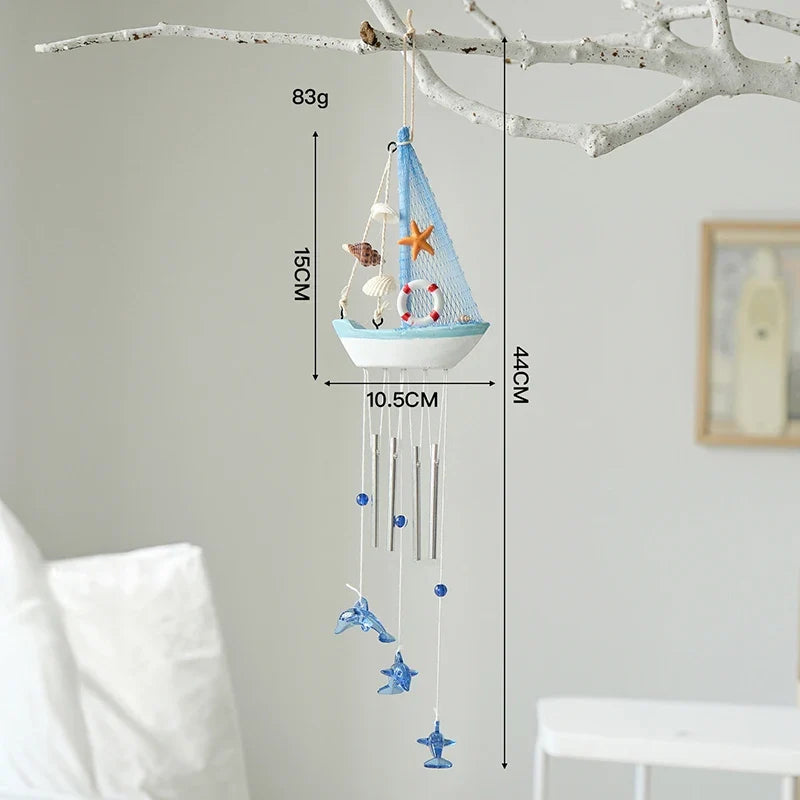 Mediterranean Wooden Sailboat Wind Chime Hanging Ornament