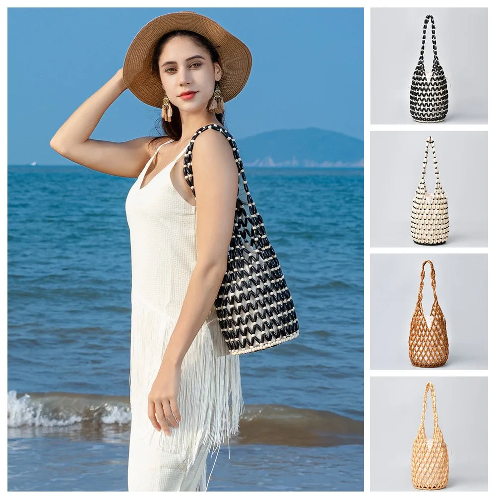 Women's Woven Wooden Bead Tote Bag – Hollow-Out Bucket Shoulder