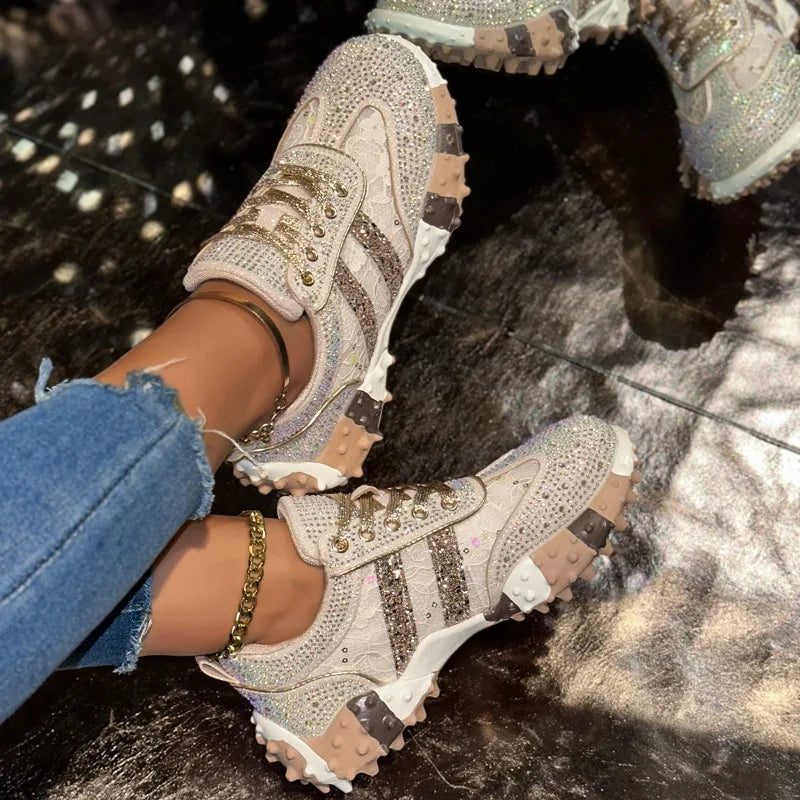 Women's Rhinestone Platform Sneakers – Diamond Mesh Casual Shoes