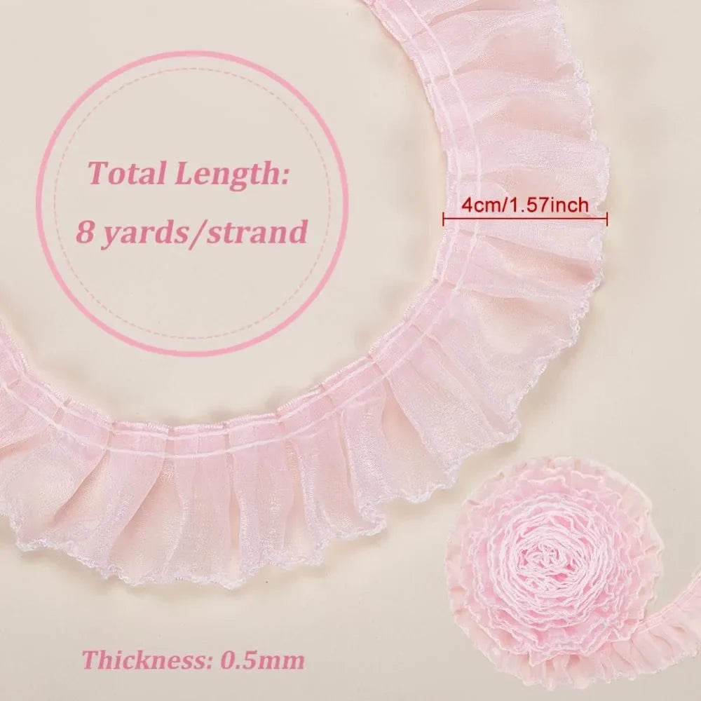 8 Yards Pink Pleated Lace Trim – Ruffled Ribbon for Sewing