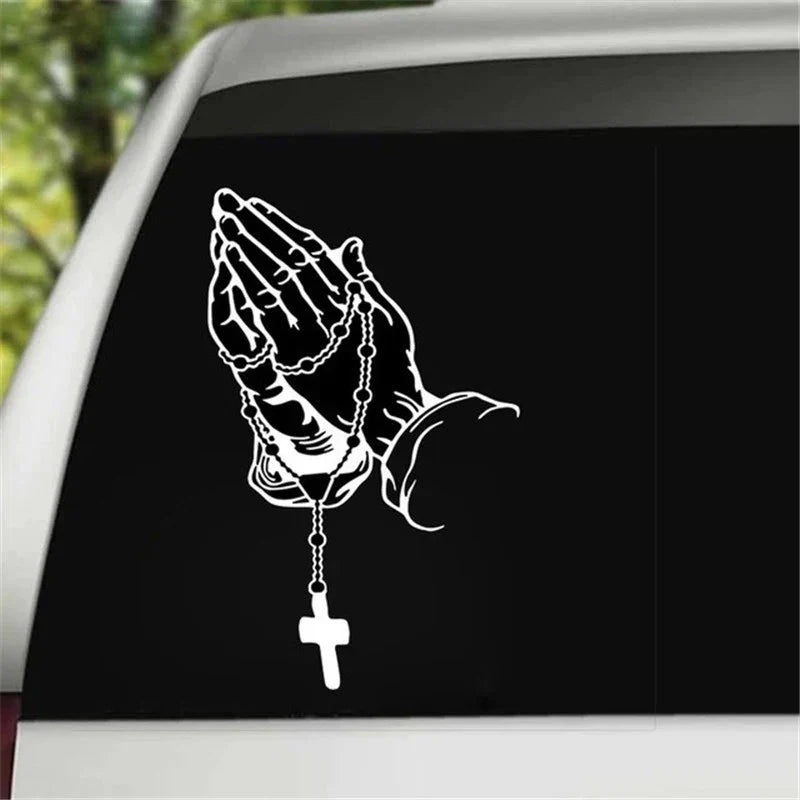 Praying Hands Rosary Car Sticker – Waterproof Religious Decal