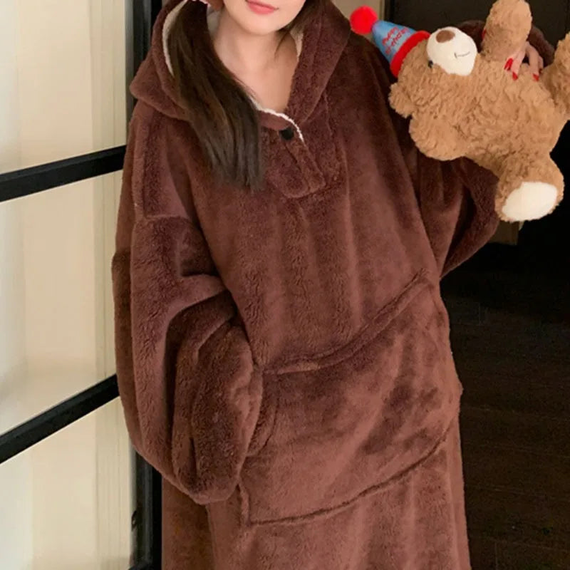 Women's Flannel Hooded Nightgown – Warm Padded Winter Homewear
