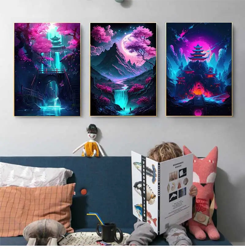 Japanese Anime Cyberpunk Neon Canvas Wall Art 3-Piece Set