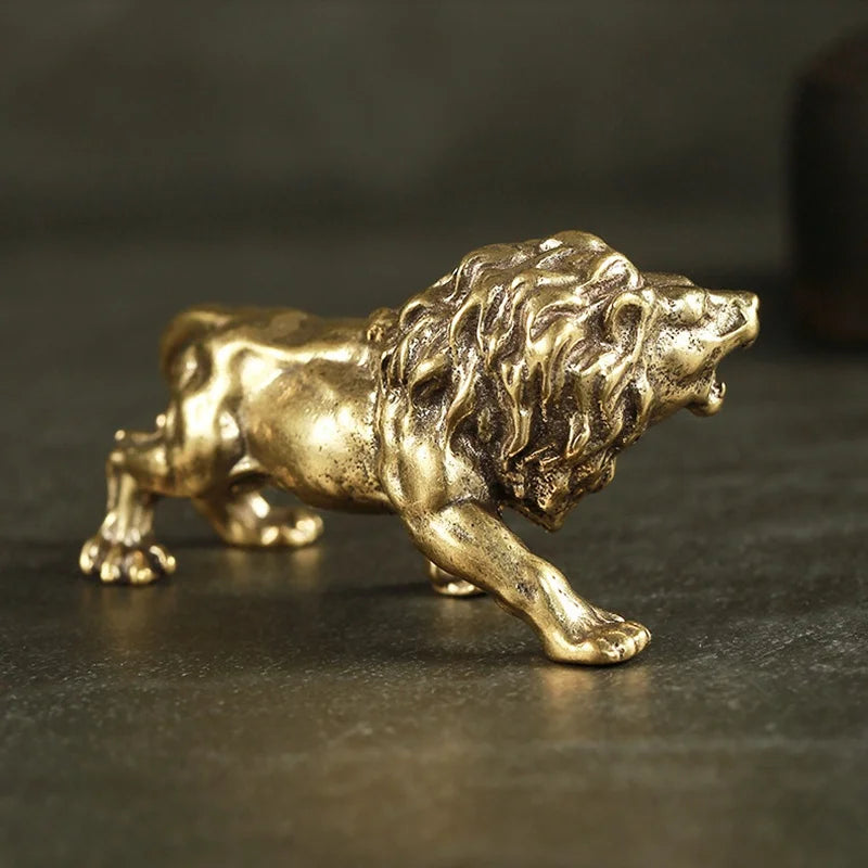 Antique Bronze Lion Statue – Solid Copper Brass Miniature Figure