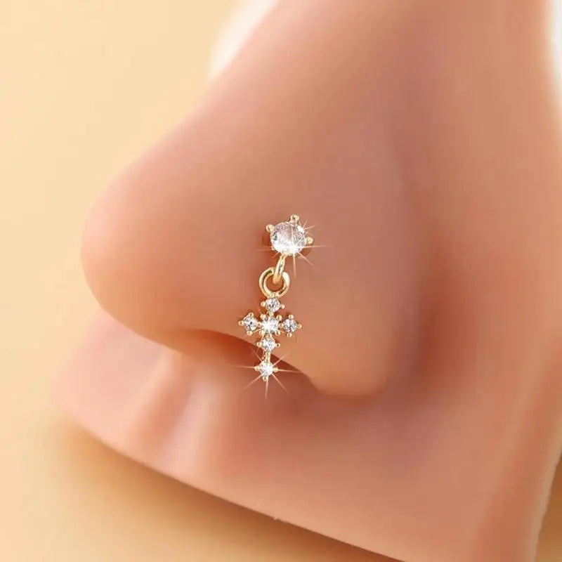 Cross Zircon Dangle Nose Ring – L-Shape Stud Body Jewelry