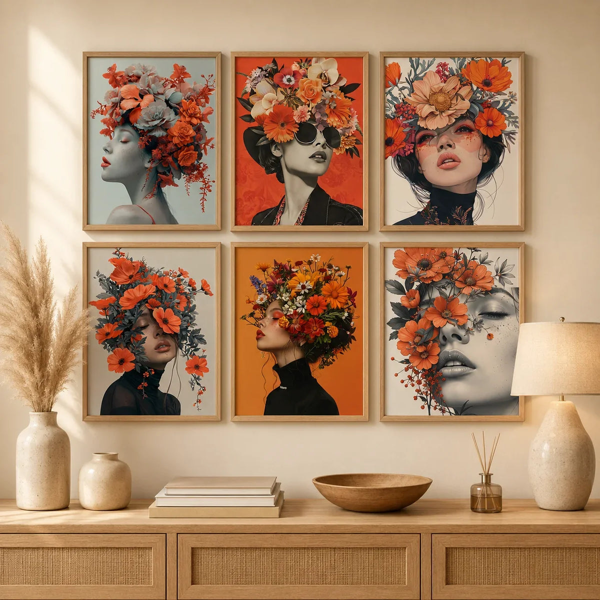 Nordic Canvas Wall Art – Woman & Flowers Vintage Poster Print