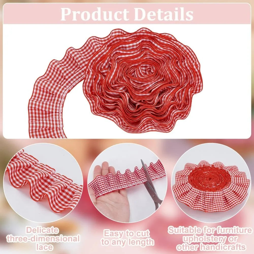 Cerise Gingham Ruffle Ribbon 40mm | 10m Polyester Craft Trim