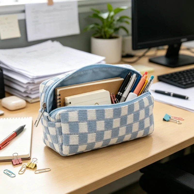 Checkered Knitted Makeup Bag – Cosmetic & Travel Pouch for Women