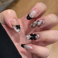 24pc Almond Press On Nails – French Black Polka Dot & 3D Pink Bow