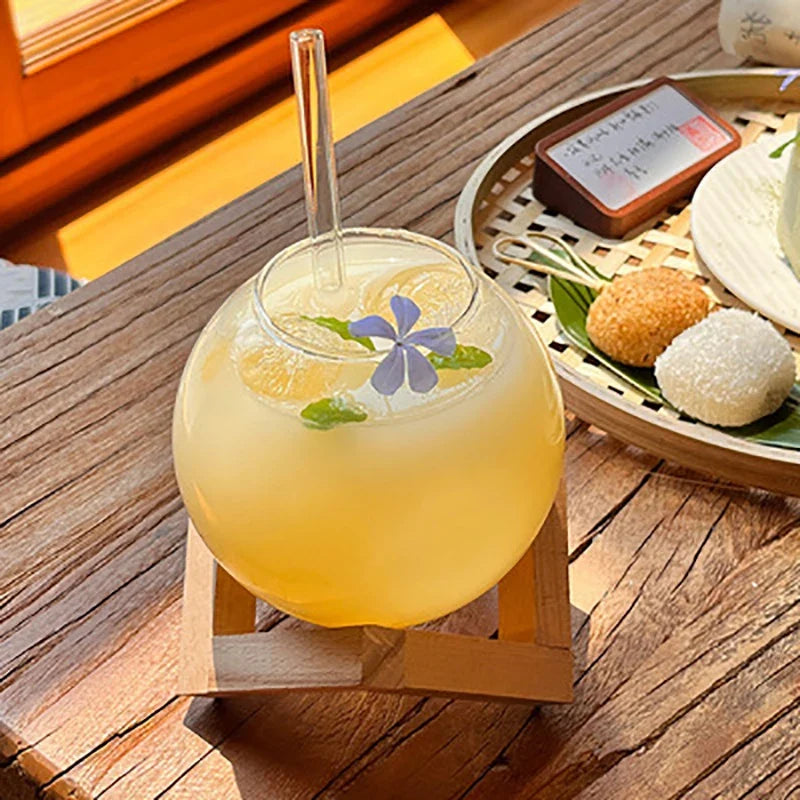 Round Ball Cocktail Glass with Wood Stand | Creative Bar Tumbler