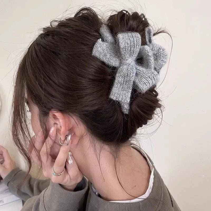 Plush Knit Bow Hair Claw Clip | Korean Style Women's Hair Accessory