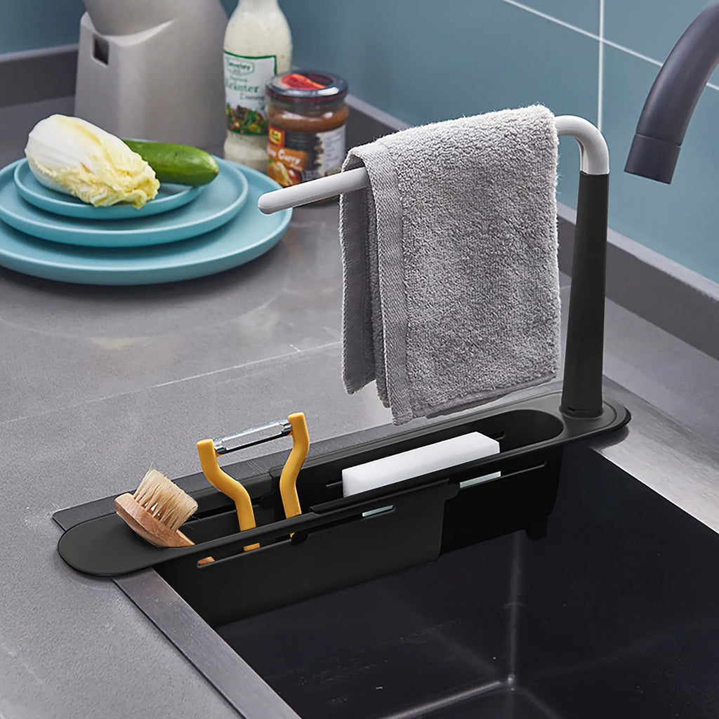 Telescopic Sink Shelf Rack – Sponge, Soap & Towel Organizer
