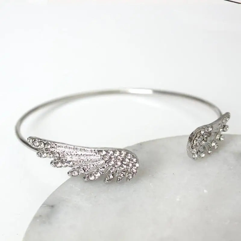 Angel Wings Silver Open Bangle Bracelet – Adjustable Women's Cuff