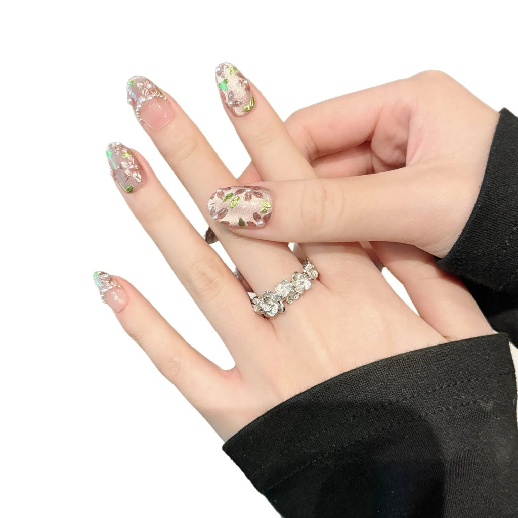 Handmade Cat Eye Press On Nails | Pearl Flower Korean Design