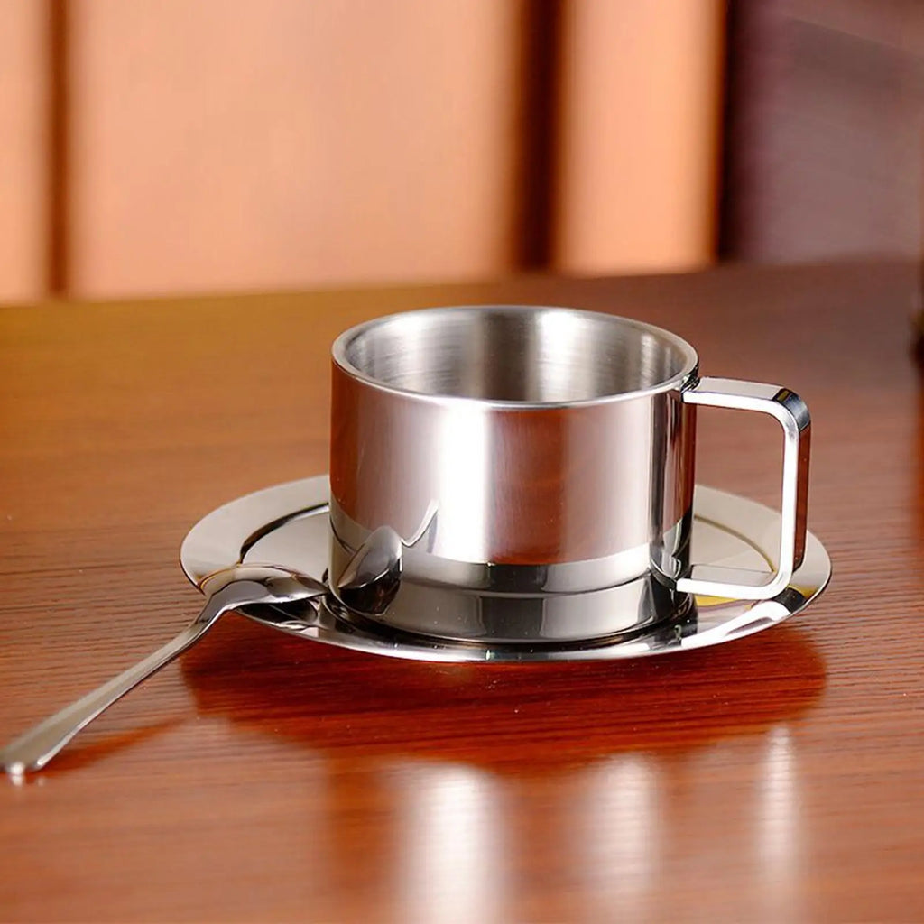 Double Wall Stainless Steel Coffee Cup Set 200ml | Saucer & Spoon