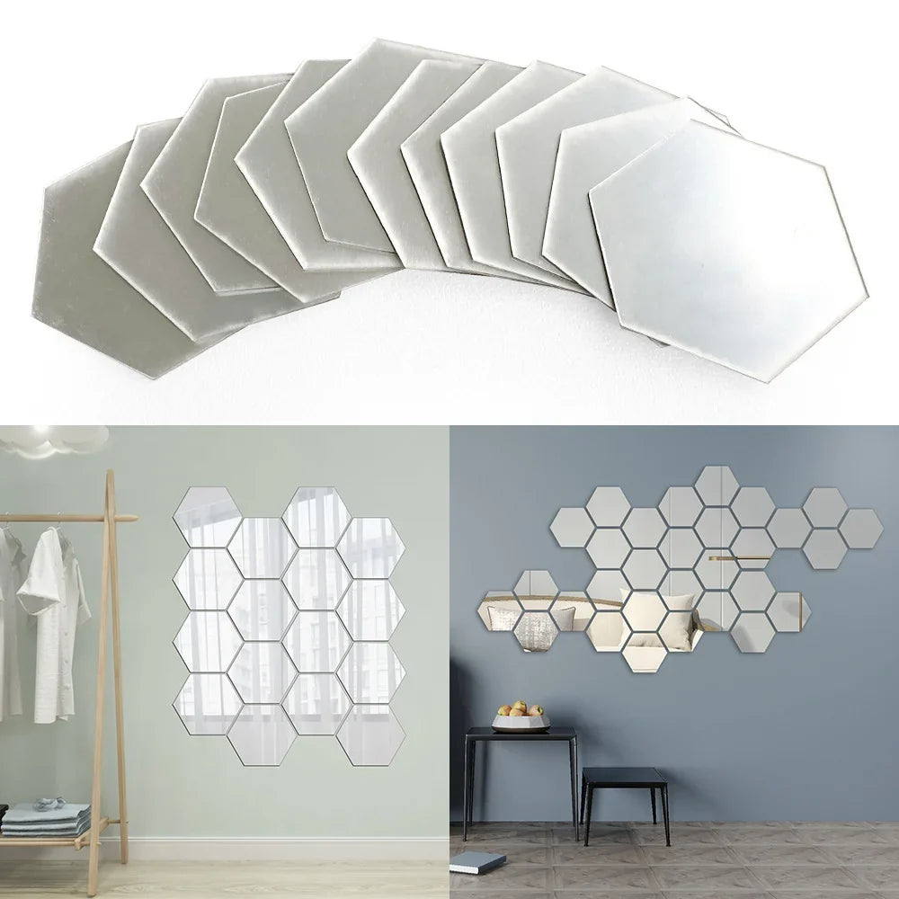 12-Pc 3D Hexagon Acrylic Mirror Wall Stickers | Gold & Silver