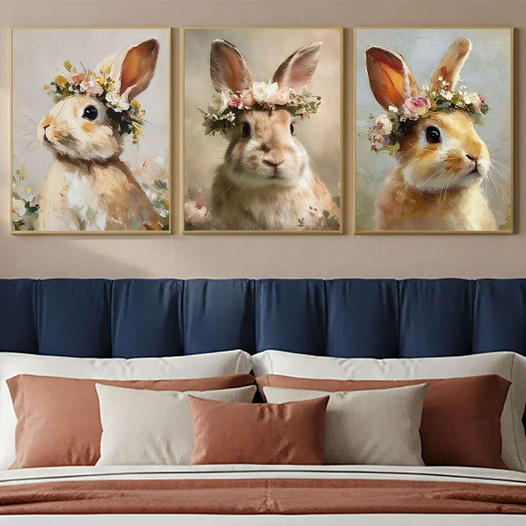 Vintage Floral Rabbit Canvas Wall Art | Bunny Flower Crown Print